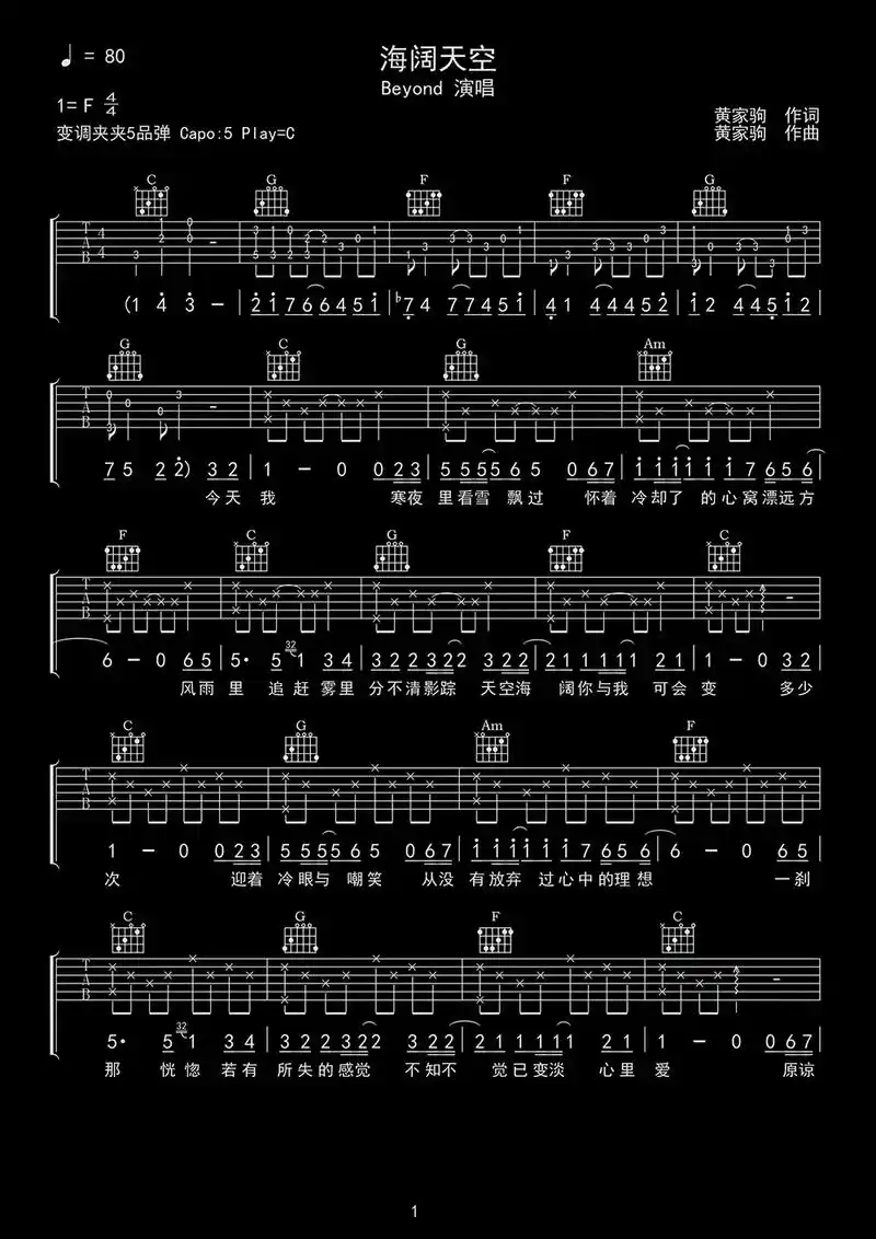 海阔天空吉他谱 #beyond海阔天空 吉他弹唱,c调简单 - 抖音