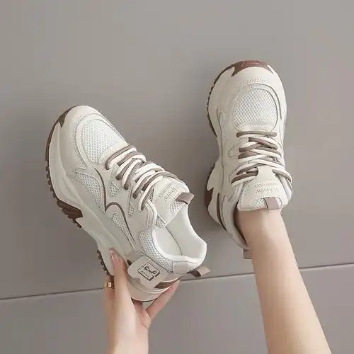 新款百丽纯爱老爹鞋女2024春季百搭厚底网面复古小白鞋运动跑步鞋