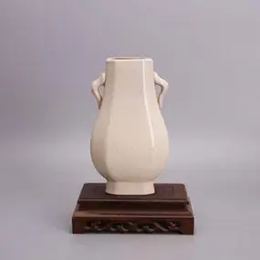 宋定窑白釉手工瓷开片双耳棱角扁瓶仿宋代出土古瓷器五大名窑摆件