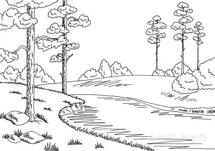 森林河图形黑色白色风景素描图矢量