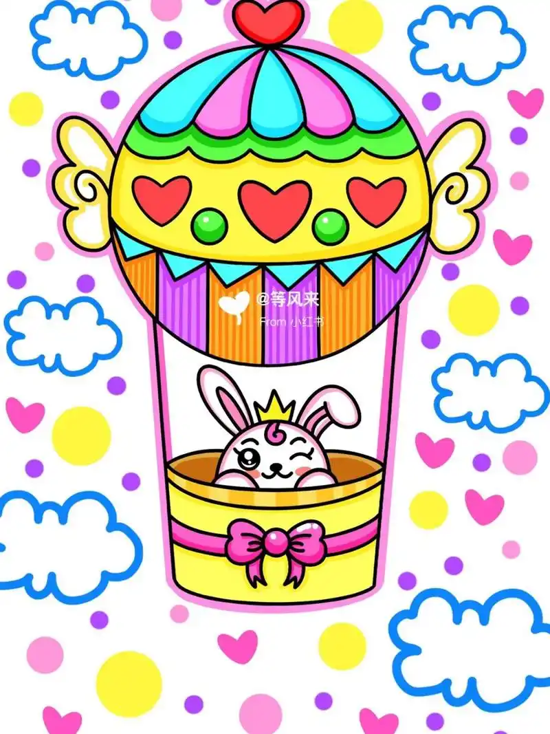 小兔子热气球 创意画 儿童画 简笔画 线稿 #创意美术儿童画# #儿童简