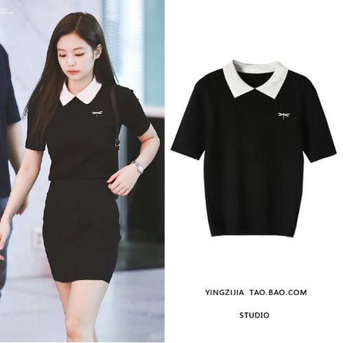blackpink衣服jennie金智妮同款黑色娃娃领短袖t恤减龄针织衫上衣
