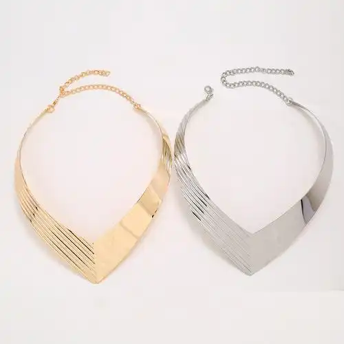 金属项圈 欧美夸张大牌光面花纹质感项v圈假领子女项链 跨境饰品