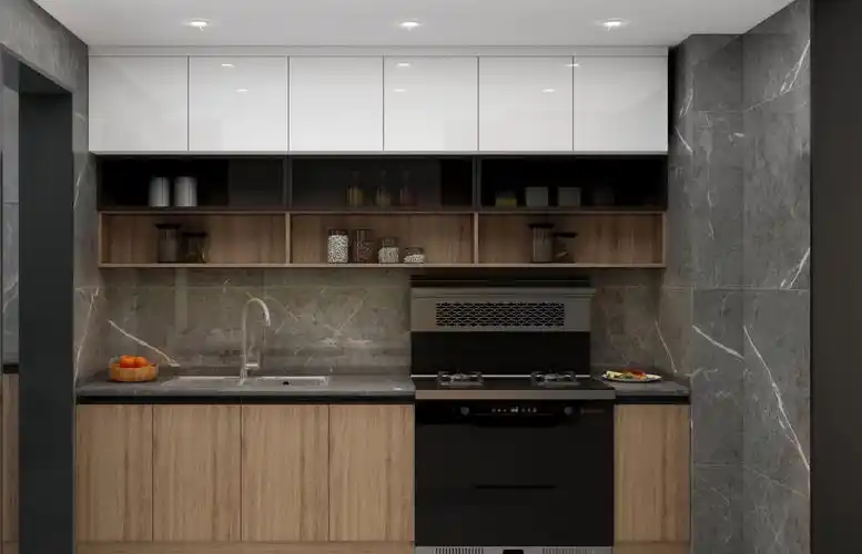 橱柜吊柜柜门均用的白色亚光烤漆,地板则延用与客厅一致的灰色大理石