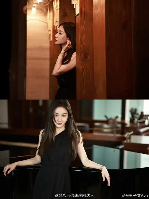 王子文黑色斜肩长裙##王子文柔顺黑长直