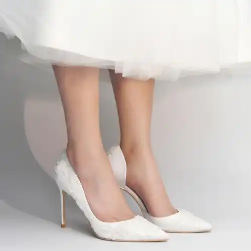 优拉潘 10cm白色法式单鞋 大码尖头亮片细跟高跟鞋a26