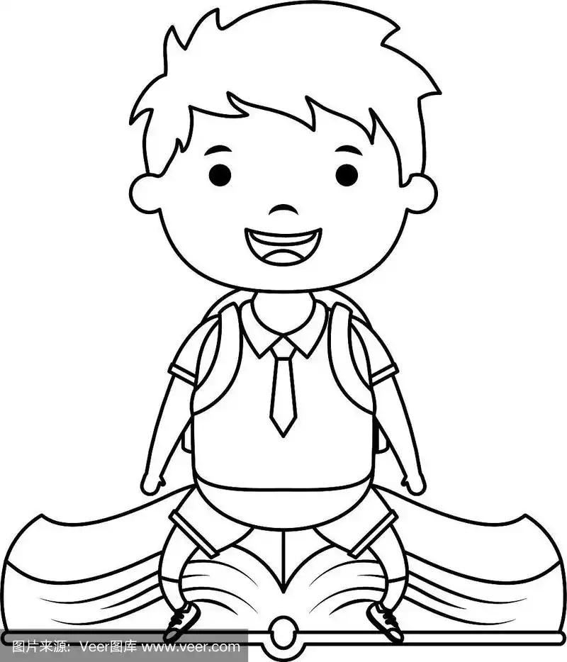可爱的小学生男孩坐在书中的人物