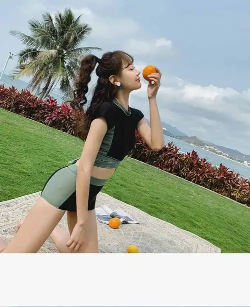 复古游泳衣女分体三角高腰保守遮肚显瘦韩国温泉学生泳装 黑色 m