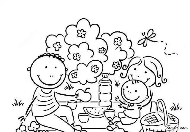 小朋友踏青简笔画户外野炊简笔画野餐的小人简笔画有房有山有水的简笔