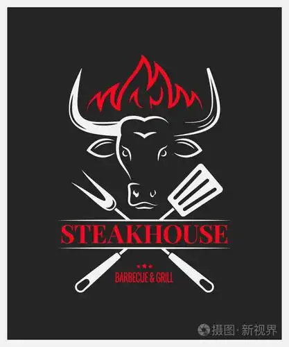 牛排的标志与公牛头在黑暗的背景