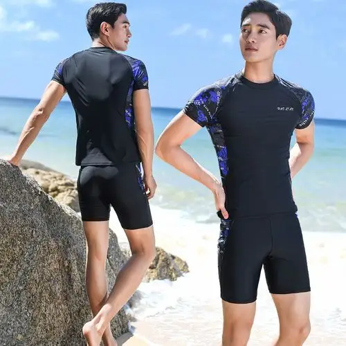 热销游泳衣男 套装成人_男士泳衣套装游泳裤五分裤短袖上衣防晒速干