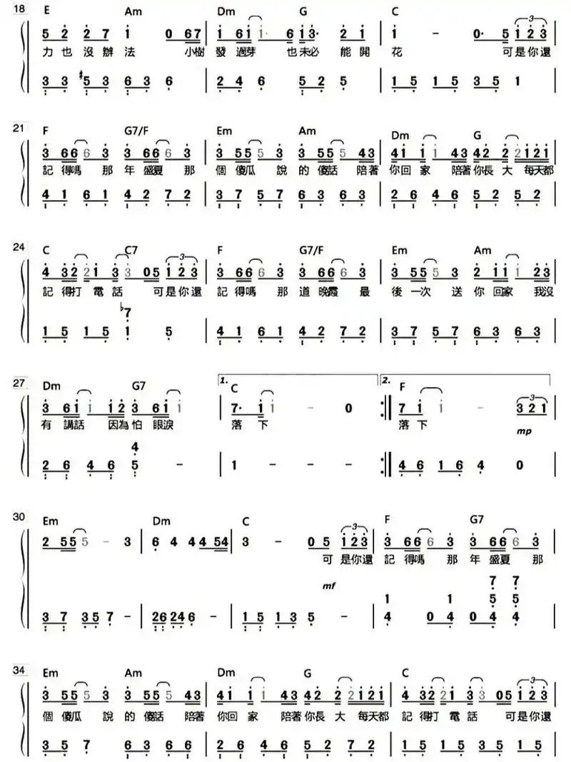 汪苏泷-附🎹简谱 五线 今天给大家分享的是《忽而今夏》钢琴简谱