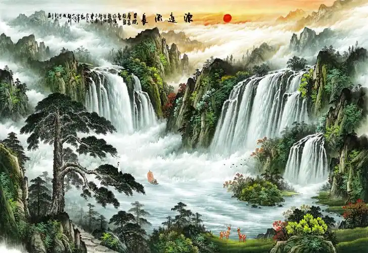 44-550字画国画 大瀑布山水画 聚宝盆 迎客松装饰画芯 大量批发