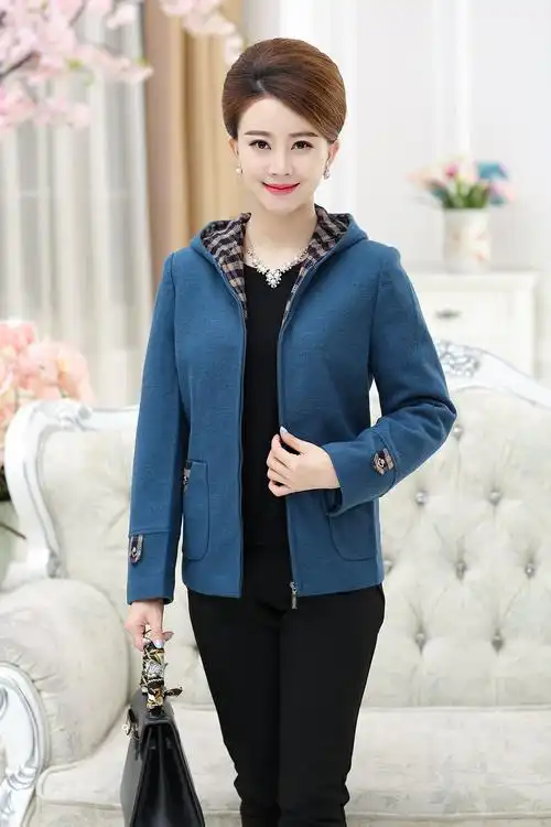 中老年女装毛呢外套40-50岁中年妈妈装春秋冬装大码短款连帽上衣