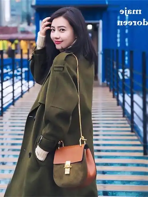 maje doreen高圆圆同款双面羊绒大衣女军绿色大翻领中长款毛呢