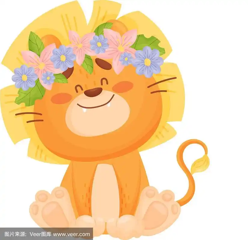 头上戴着花环的卡通小狮子