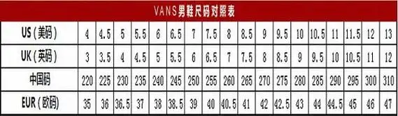 vans万斯鞋子尺码对照表
