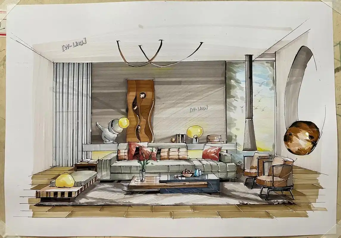 室内设计手绘效果图—客厅.风格:现代风格 透视:一点透视 # - 抖音