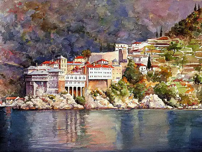 希腊艺术家panteliszografos水彩笔描绘希腊爱琴海美丽海岸风光