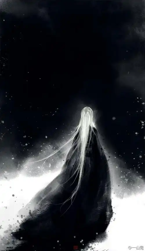 求,一白发女子站在雪地上的古风手绘图