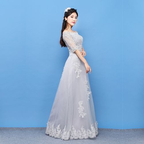 2017新款婚纱晚礼服敬酒服晚装伴娘服一字肩豆沙色灰色长款主持