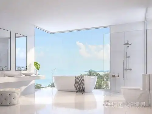 豪华浴室3d 渲染, 装饰与白色卫浴洁具, 玻璃墙淋浴, 双水槽和圆形