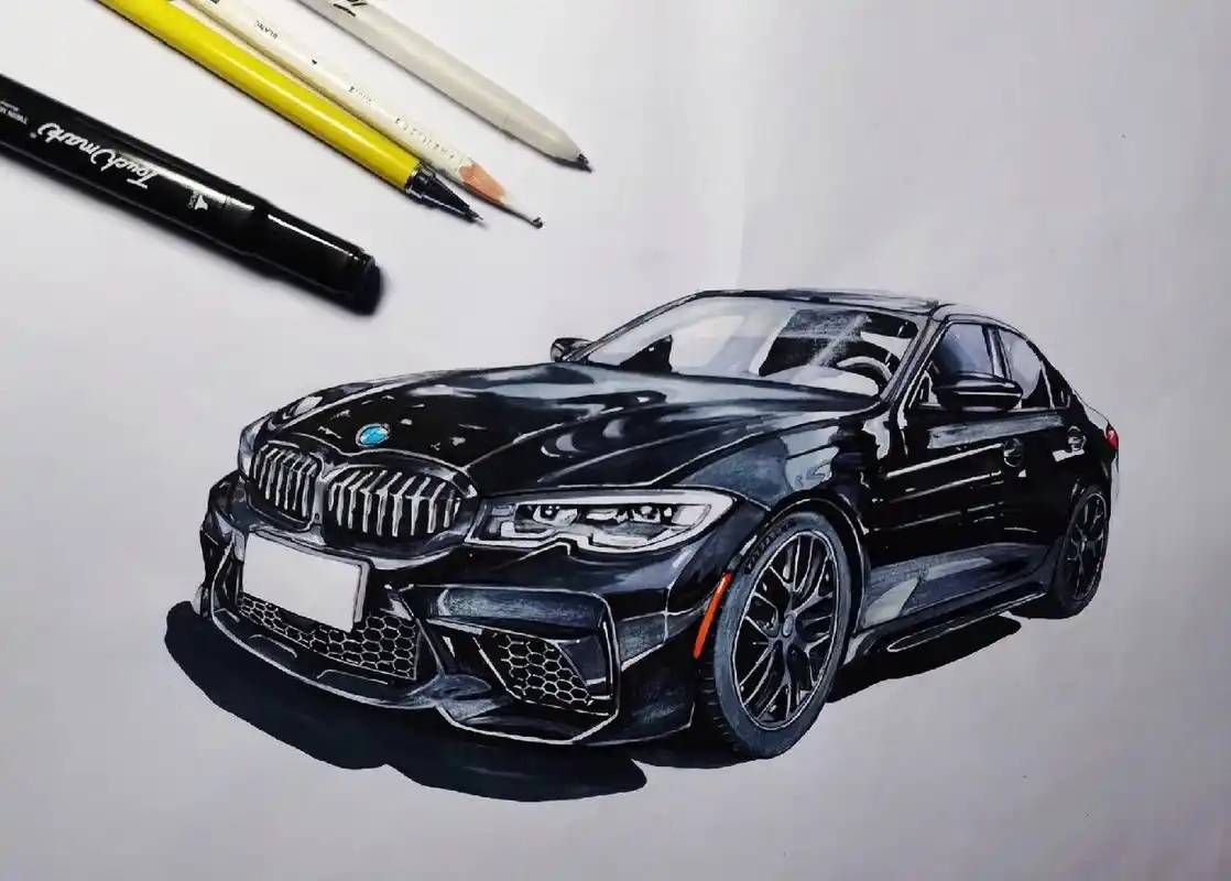 马克笔初学者汽车手绘|宝马bmw 3 真的不会画系列第四张马克笔手绘