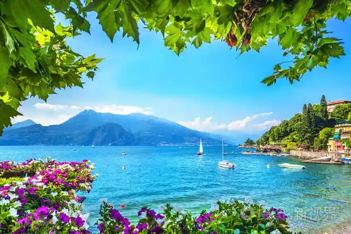 瓦伦纳镇海湾海滩和科莫湖地区的鲜花. 意大利传统湖泊村.