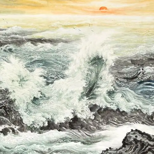 画芯120cm手绘海浪山水画国画办公室会议室大堂挂画国画