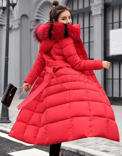 棉服女中长款2020冬装新款女士过膝加厚大毛领羽绒棉外套女 红色 l