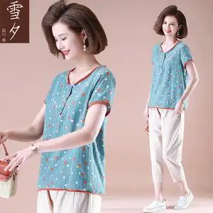 000人付款天猫妈妈夏装新款纯棉t恤短袖套装中老年女装矮个子大码棉麻