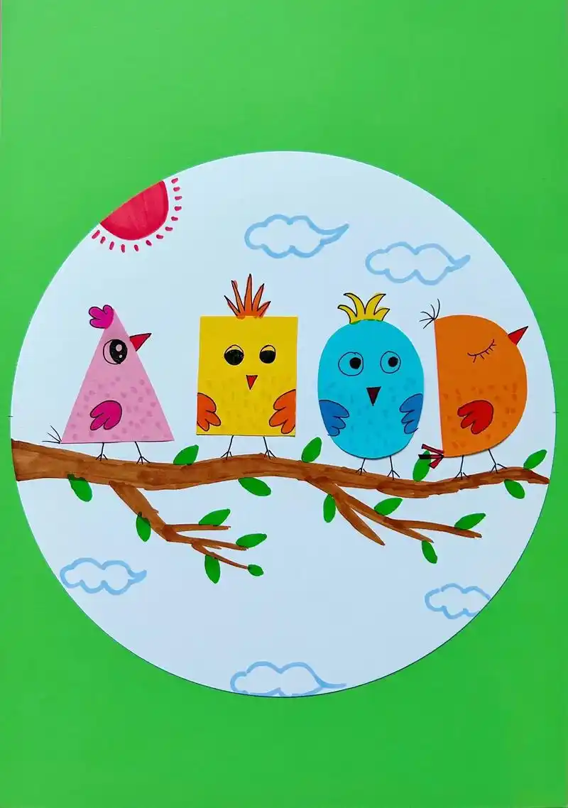 适合幼儿园3-6岁宝宝的创意拼贴画,简单的几何图形就能拼出萌萌的小鸟