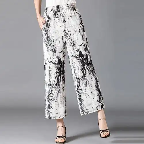 法曼斯新款高档冰丝裤薄款时尚洋气妈妈花裤子夏季中老年冰丝女裤