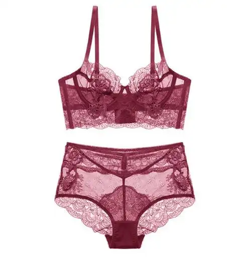 8r1000 法式超薄性感透气镂空女士内衣套装刺绣花看-穿胸罩