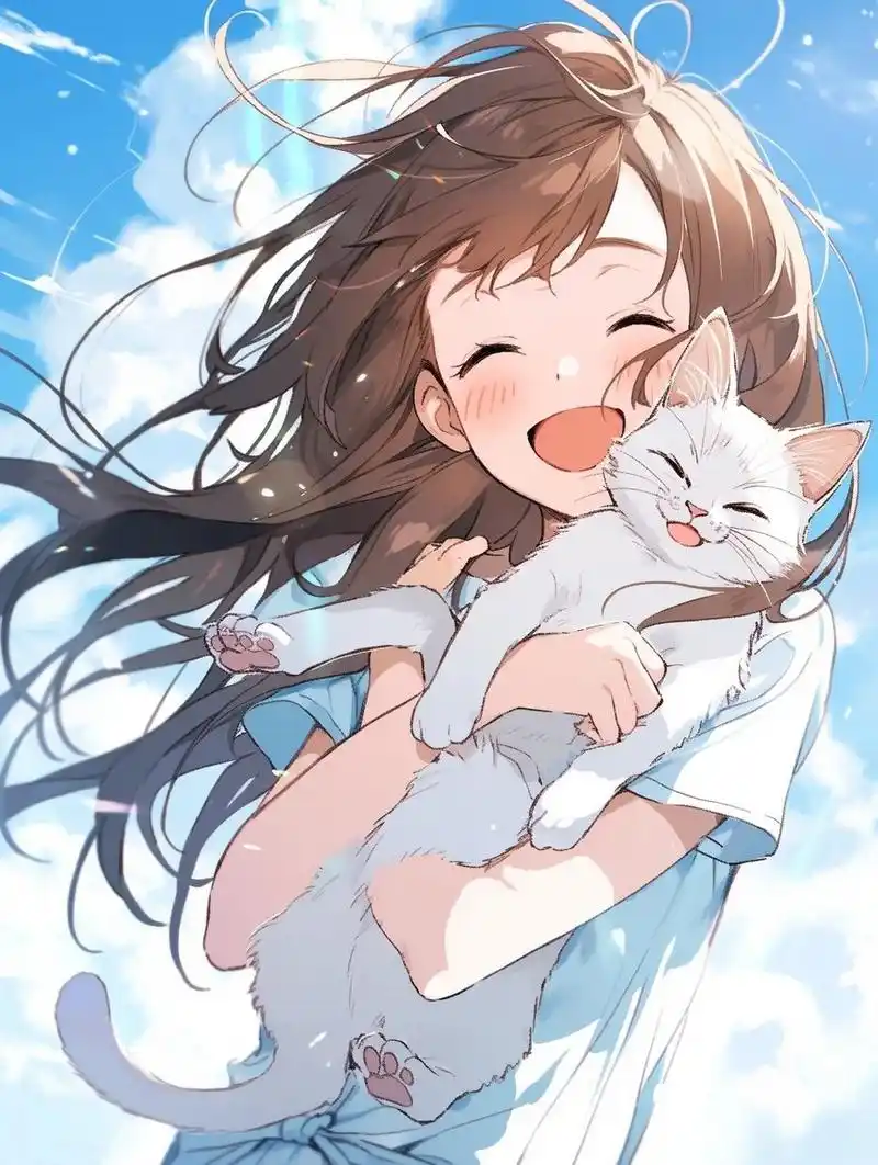 【动漫女生头像】抱着猫开心大笑的女孩 阳光蓝天下, 笑的灿烂的女孩.