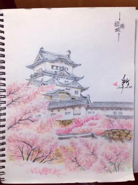 彩铅画樱花 彩铅画樱花树