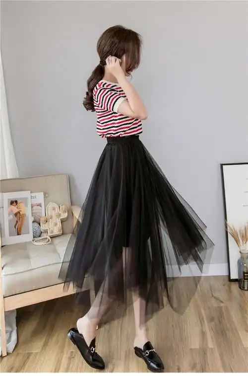 纱纱裙春夏超仙的撞色中长款a字蓬蓬半身裙纱纱裙森系ins网纱裙灰粉色