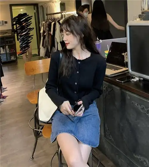 白色针织开衫外套女春秋2021新款短款v领毛衣外搭内搭长袖打底衫 黑色