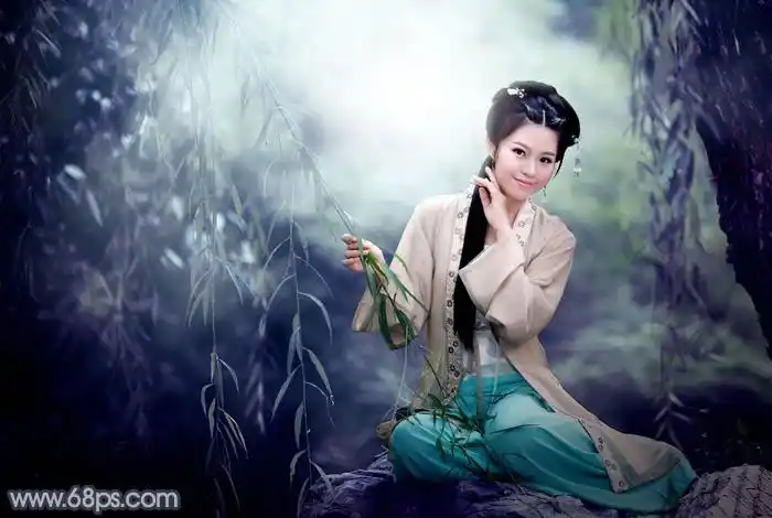 photoshop调制出唯美的暗青色古装人物图片