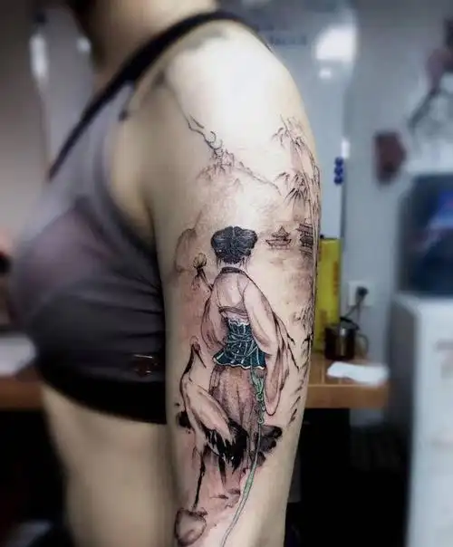 仕女仙鹤图纹身图片_手臂中国风纹身图案