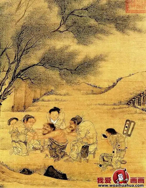 李唐《村医图》宋代工笔淡彩风俗人物国画赏析