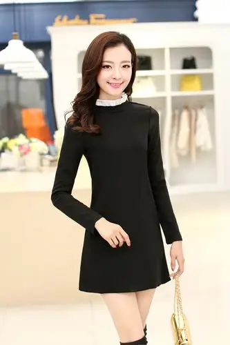 冬装新款韩版显瘦立领连衣裙冬大码毛呢长袖连衣裙女