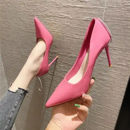 2021春秋季新款欧美糖果色女鞋尖头漆皮细跟高跟鞋粉色婚鞋单鞋潮