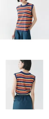 金大班美式2018夏新款外穿无袖毛衣背心针织彩虹条纹t恤衫女上衣