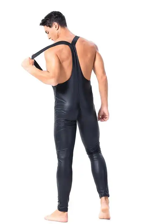 欧美男士漆皮新款紧身连体衣双拉链头开裆夜店舞台ds演出服背带裤