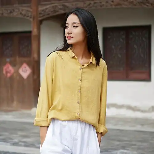 棉麻衬衫女长袖2020春夏新款休闲宽松t恤衫文艺简约百搭上衣体恤
