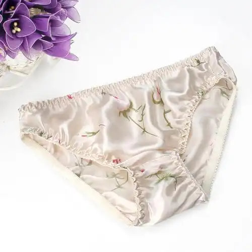 新品上市 100%桑蚕丝真丝内裤女低腰三角裤真丝内档 精美印花 - 丝美
