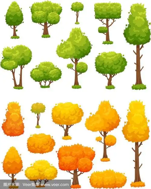 卡通树可爱的木材植物和绿色的灌木