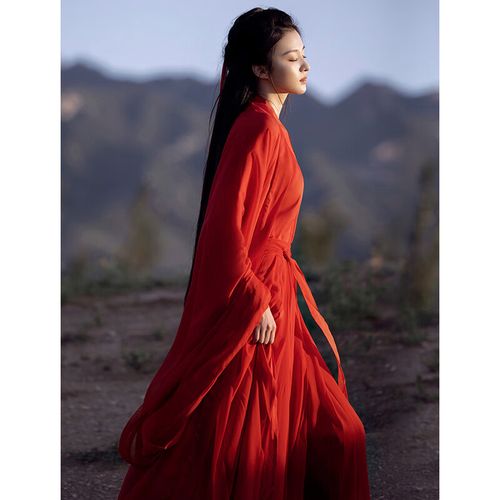 zhouyouyang红色魏晋古风武侠古装汉服女中国风古典舞蹈演出服套装超