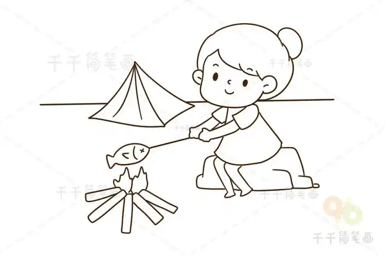 参加野营的女孩简笔画